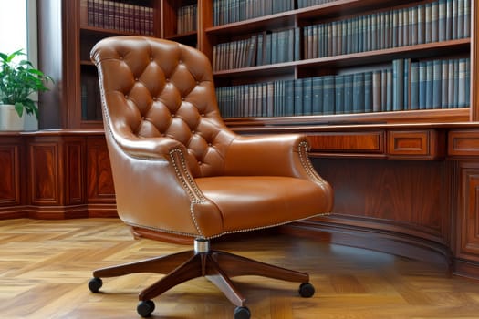 A luxurious office space features a leather swivel chair and wooden bookshelves filled with classic volumes.