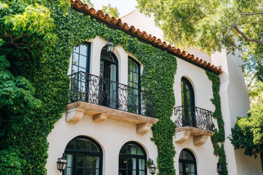 A beautiful Spanish style house covered in ivy, featuring charming balconies and lush greenery.