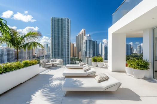 Stylish rooftop terrace with lounge chairs and city skyline under a clear blue sky.