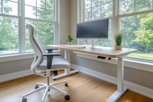 Modern home office with ergonomic furniture and a view of the garden, fostering productivity.