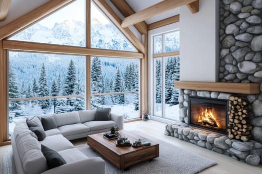 A cozy cabin interior with a stone fireplace and expansive windows overlooking snowy mountains.