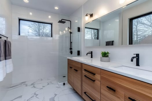 Minimalist bathroom with dual sinks, modern fixtures, and a large shower area.