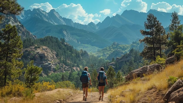 Two hikers walking along a trail surrounded by rocky mountains, trees, and open skies. Outdoor adventure and exploration concept.