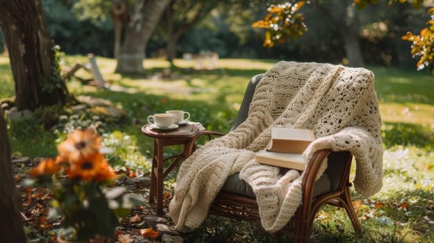 A comfortable chair with a knitted blanket, a cup of tea and books sits in a quiet garden, creating a cozy outdoor reading spot surrounded by nature.