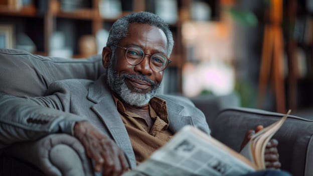 Long shot of 60-year-old black man relaxing in gray upholstered armchair in large bright living room, smiling while reading newspaper