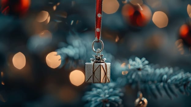 A small gift box ornament hangs from a Christmas tree branch, with blurred lights and festive decorations in the background.copy space