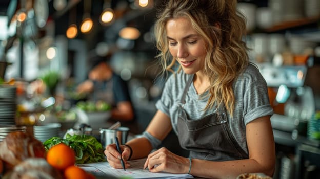 A female chef in a cozy restaurant kitchen, writing down menu notes surrounded by fresh ingredients and warm lighting.