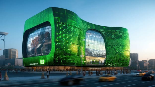 A modern green building with innovative design located in an urban area, highlighting sustainable architecture and futuristic style.