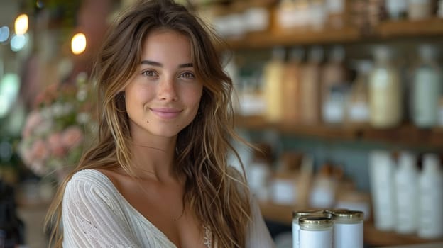 A cheerful woman stands behind a counter in a store selling natural products, with shelves lined with bottles in the background.