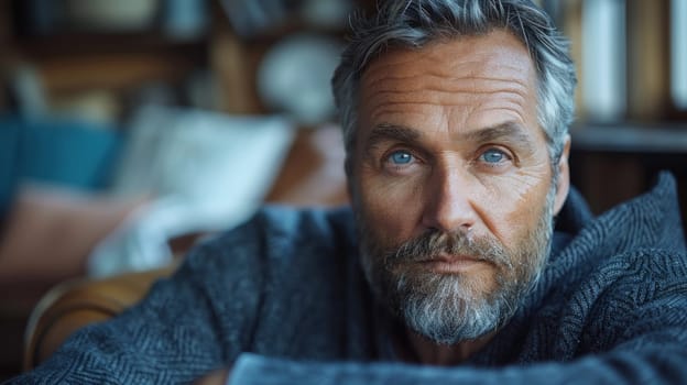 A close-up portrait of an older man with gray hair and striking blue eyes, wearing a sweater, in a reflective mood indoors.