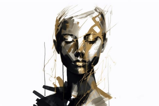 A drawing of a woman with her eyes closed and gold paint on the face