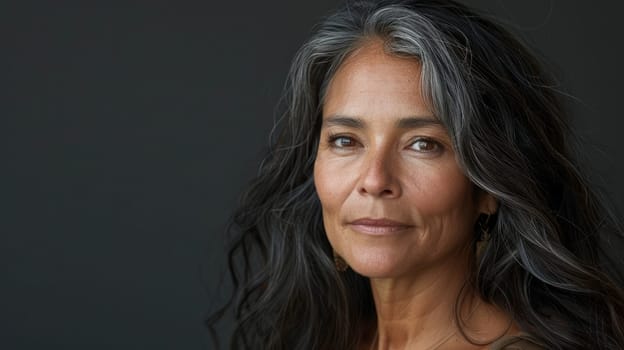 A mature woman with flowing gray hair and a calm expression stands against a dark background