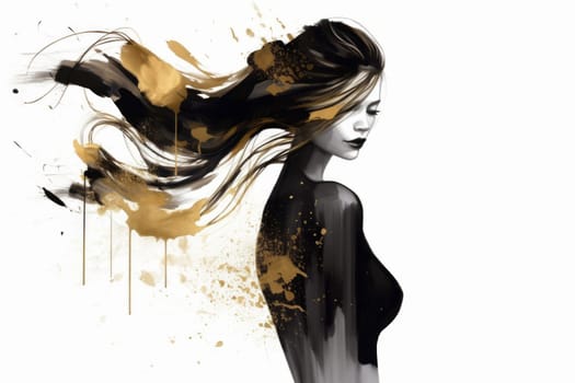 A woman with a black and gold dress has her hair blowing in the wind