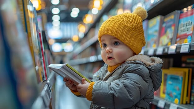 A child takes a colorful book from a shelf in a bookstore.A curious toddler wearing a warm yellow hat and winter coat, exploring books in a store aisle with bright lights.