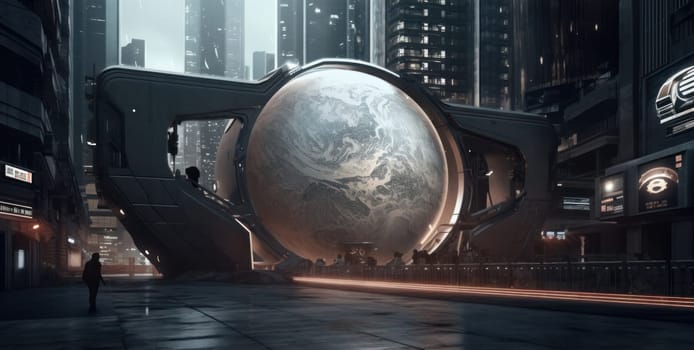 A giant sphere monument embedded within a futuristic cityscape, exuding a sci-fi atmosphere with high-rise buildings and neon lighting.