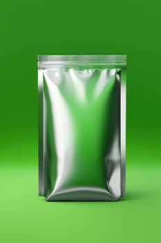 A metallic silver stand-up pouch displayed against a vibrant green background, ideal for product packaging mockups and branding.