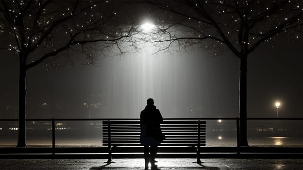 Man sitting alone on a bench under a bright street lamp, surrounded by darkness. Solitude and loneliness concept.
