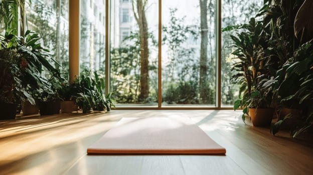 A quiet interior room with a yoga mat filled with natural light, large windows, potted plants, and a minimalist aesthetic that emphasizes tranquility.