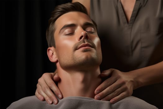 Close-up of a man with closed eyes receiving a neck massage, conveying relaxation, wellness, and self-care in a serene environment.