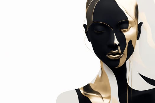A black and gold woman with a white face is shown