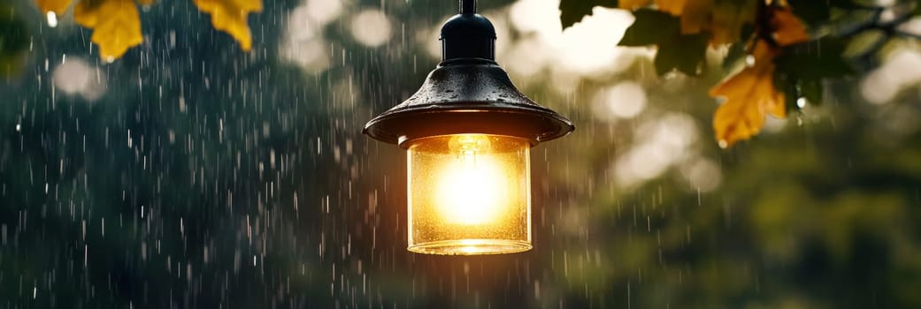 A glowing outdoor lantern illuminated during a rain shower, with autumn leaves in the background, evoking warmth and seasonal ambiance.copy space