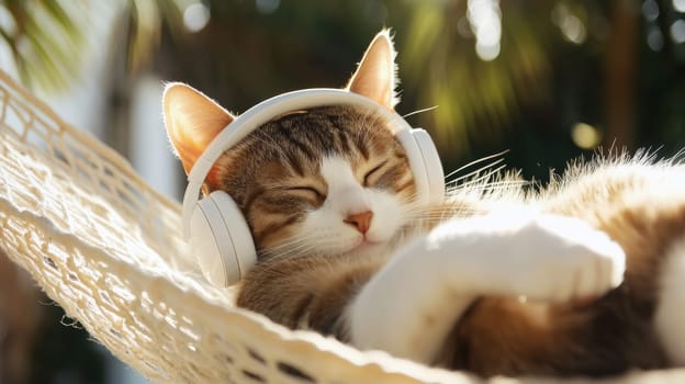 A relaxed cat wearing headphones lies in a hammock, enjoying a peaceful moment in sunlight