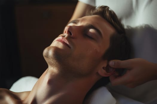 beautiful young woman lies with closed eyes and receives face and head massage in spa salon.health, beauty and relaxation concept