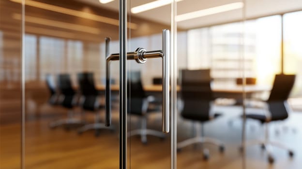 Elegant conference room with glass walls and metal handle, featuring a bright and spacious layout, symbolizing modern office space and corporate environment.