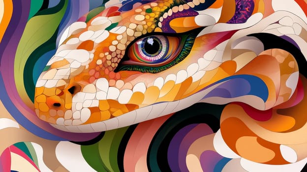 Artistic and abstract illustration of a snake head with swirling, vibrant patterns and intricate details, combining realism with creative expression in a bold color palette.