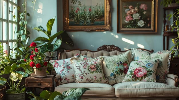 A charming living room with floral-patterned pillows, potted plants, and framed paintings on the walls, creating a warm, vintage atmosphere.
