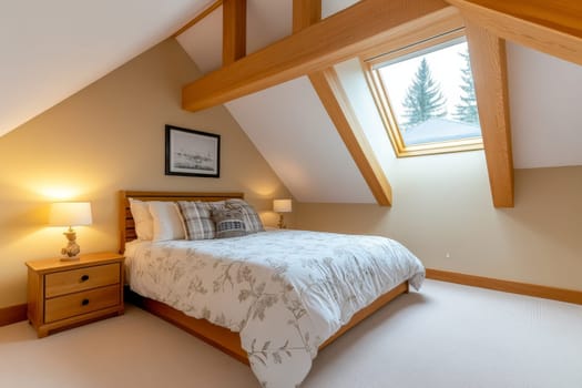 A cozy attic bedroom with wooden beams, soft bedding, and a skylight providing natural light.