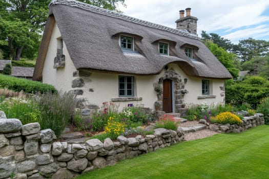 Charming stone cottage with a thatched roof surrounded by a vibrant flower garden and lush greenery.
