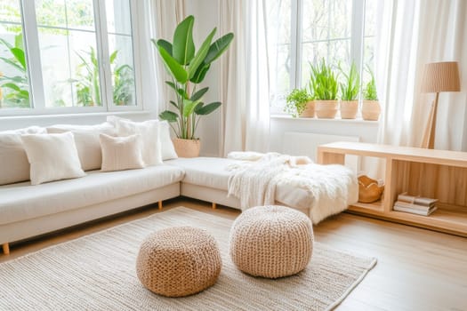 Bright and cozy living room with beige sofa, knitted poufs, and indoor plants, creating a serene and inviting atmosphere.