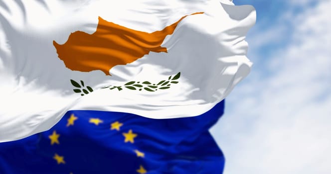 Cyprus national flags waving in the wind with the European Union flags on a clear day. 3d illustration render. Fluttering fabric.