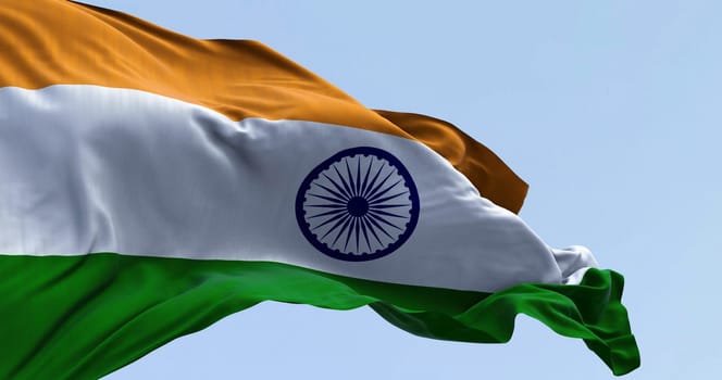Close-up of India national flag waving. Tricolor of saffron, white and green with a blue Ashoka Chakra in the center. 3d illustration render. Fluttering textile