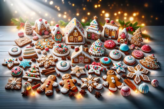 A festive display of assorted gingerbread cookies and Christmas treats, including gingerbread houses, stars, snowflakes, and holiday ornaments on a wooden table