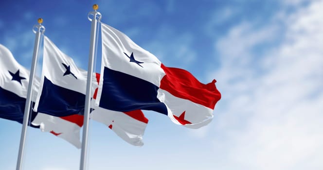 Panama national flag waving in the wind on a clear day. The Republic of Panama is a State of Central America. Rippled fabric. Selective focus. 3d illustration render. Selective focus