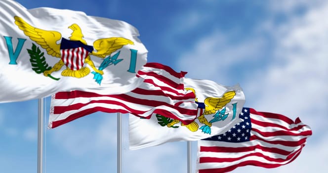 United States Virgin Islands flag waving with the american flag. The Virgin Islands of the US, are an unincorporated and organized territory of the US. 3d illustration render. Rippling fabric