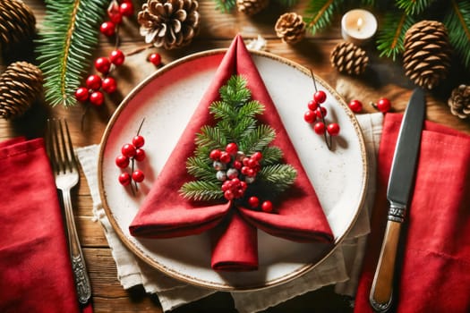 Elegant Christmas table setting with a folded red napkin decorated with pine branches and red berries on a white plate. Surrounded by festive elements like pine cones, candles, and greenery