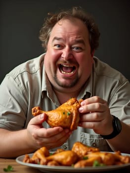 Funny fat man eating chicken