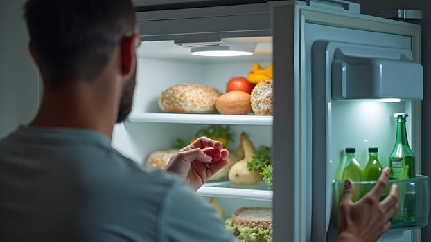 Funny hungry man looking in refrigerator