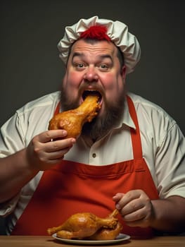 Funny fat man eating chicken