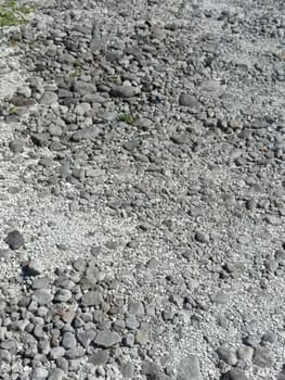 A close-up of a natural riverbed scattered with pebbles and gravel stones, showcasing varied textures and neutral gray tones. Ideal for backgrounds, nature themes, and geological concepts.