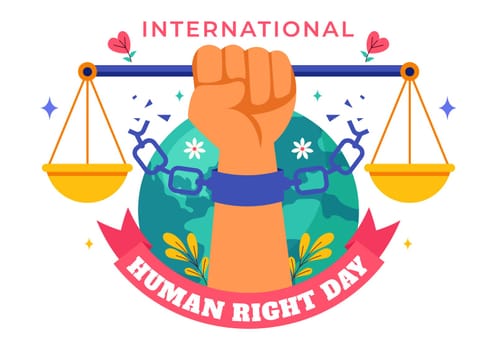 International Human Rights Day Vector Illustration on December 10 Featuring Diverse People Breaking Chains for Unity, Freedom, and Peace in Background