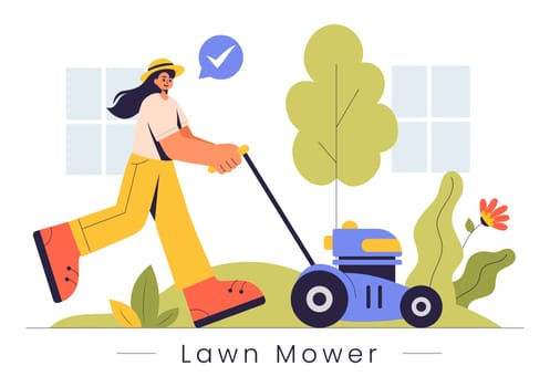 Lawn Mower Vector Illustration Featuring Grass Cutting, Trimming, and Care in a Summer Gardening Flat Style Cartoon Background