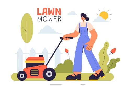 Lawn Mower Vector Illustration Featuring Grass Cutting, Trimming, and Care in a Summer Gardening Flat Style Cartoon Background