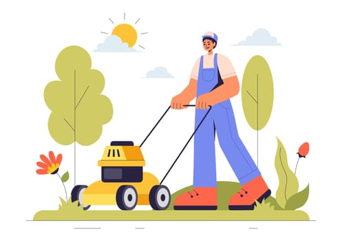 Lawn Mower Vector Illustration Featuring Grass Cutting, Trimming, and Care in a Summer Gardening Flat Style Cartoon Background