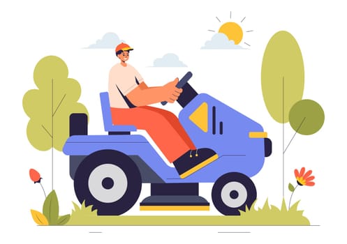 Lawn Mower Vector Illustration Featuring Grass Cutting, Trimming, and Care in a Summer Gardening Flat Style Cartoon Background