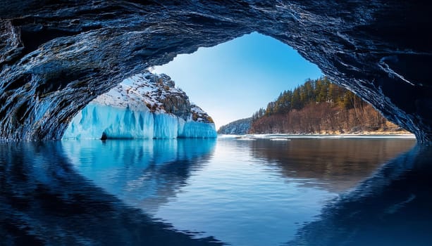 cave with icy water, AI generated image