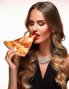 pretty young woman eating pizza margherita, AI generated image